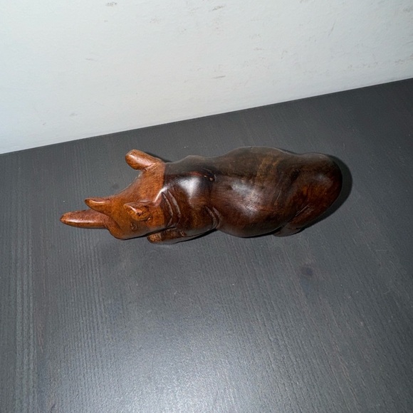 Hand Carved Wooden Rhino Solid Wood Rhinoceros Figurine Figure Sculpture - Picture 5 of 9